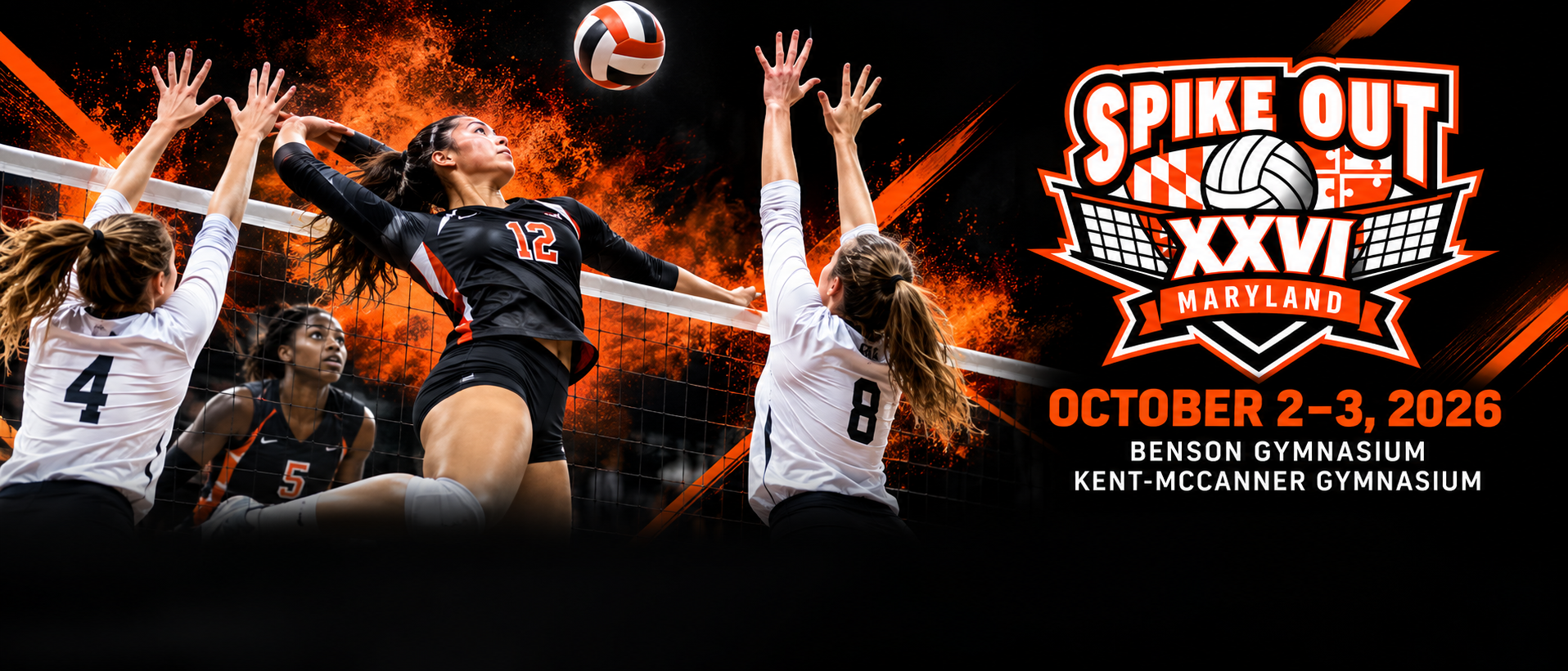 Spike Out XXVI volleyball action photo, with the tournament logo — October 2–3, 2026, Benson Gymnasium and Kent-McCanner Gymnasium.